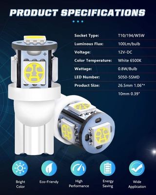 194 τσιπ σφηνών T10 SMD 5050 λαμπών φωτός 6500K των αυτοκίνητων οδηγήσεων