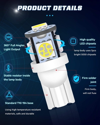 194 τσιπ σφηνών T10 SMD 5050 λαμπών φωτός 6500K των αυτοκίνητων οδηγήσεων