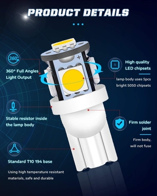 194 τσιπ σφηνών T10 SMD 5050 λαμπών φωτός 6500K των αυτοκίνητων οδηγήσεων